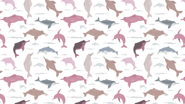 River Dolphins Seamless Pattern. Marine Mammals Collection. Cartoon Flat Style Design