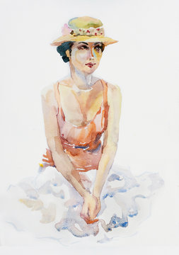 Lady on picknik original watercolor illustration of sitting girl in a hat