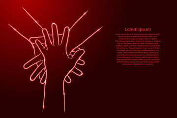 Teamwork, concept of cooperation. Hands diverse people putting together from the contour red brush lines different thickness and glowing stars on dark background. Unity, togetherness, partnership.