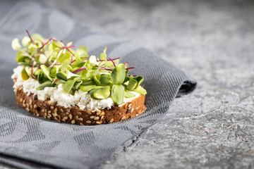 Vegetarian sandwich on fabric. Rye bread with sesame seeds, soft cottage cheese, beet and sunflower sprouts, micro-greens, on a dark gray background. Health food. Close up. Dark grey background.