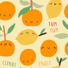 Super cute Citrus Fruits seamless pattern. Food background with Winter Fruits background in cartoon style. 