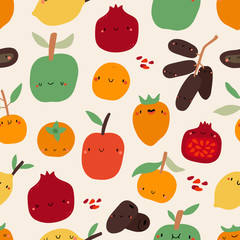 Funny and cute Winter Fruits seamless pattern. Food background with seasonal fruits in cartoon style. 
