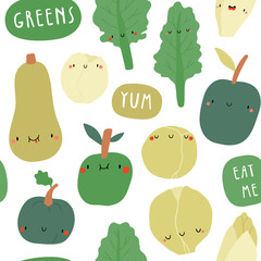 Super cute pattern with Seasonal Winter Fruits and Vegetables. Funny Food background in cartoon style. Winter green vegetables and green fruits.
