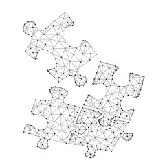 Puzzle teamwork from abstract futuristic polygonal black lines and dots.  Connecting puzzle pieces, business office workers team cooperation, partnership concept.