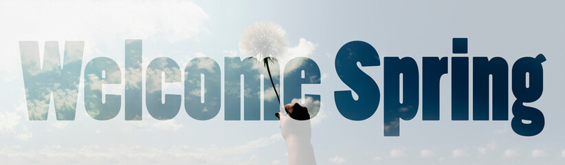 welcome spring inscription over dandelion in hand, panoramic image