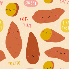 Super cute Sweet Potato vector seamless pattern. Seasonal Winter Vegetable background in cartoon style.