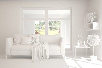 Mock up of stylish room in white color with sofa. Scandinavian interior design. 3D illustration