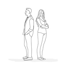 Man and woman stand with their backs to each other. Line drawing vector illustration.