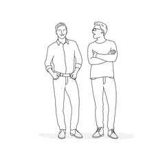 Two people standing next to each other. Line drawing vector illustration.