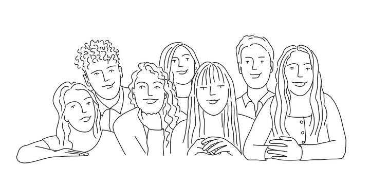 Group of students. Line drawing vector illustration.
