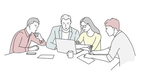 Group of business people using notebook. Hand drawn vector illustration.