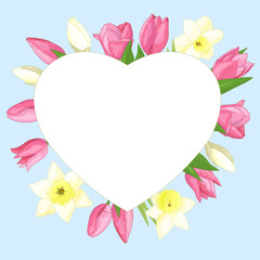 Vector frame heart with spring flowers, tulips and daffodils