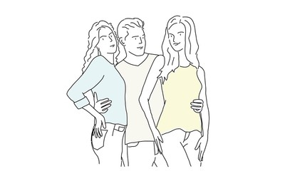 Man hugging two girls. Hand drawn vector illustration.