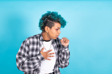 coughing or cold girl isolated on color background