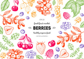 Berries hand drawn, vector illustration frame. Hand drawn sketch illustration with goji berries, cranberry, cloudberry, cherry, raspberry, currant, strawberry. Food design template with berries