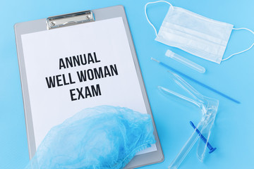 Annual well woman exam, cervix cancel control. Gynecological speculum gyneas Cusco, cyto-cervical sampler brush for smear test, assay tube, folder for diagnosis,treatment plan. Disposable cap and mask