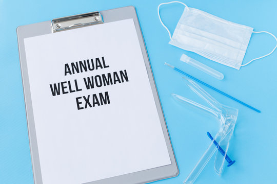 Annual well woman exam. Gynecological speculum gyneas Cusco, gyno, cyto, cervical sampler brush for smear test, assay tube, folder for diagnosis and treatment plan. Cervix cancel control.