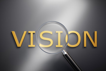 Magnifying Glass on golden Text Vision with grey Background - 3D illustration