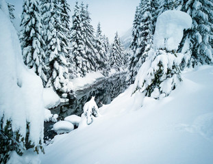 Snow covered frozen beautiful Gold Creek Pond with snow covered trees and trail during the winter in the Alpine Lakes Wilderness in Kittitas county Washington State