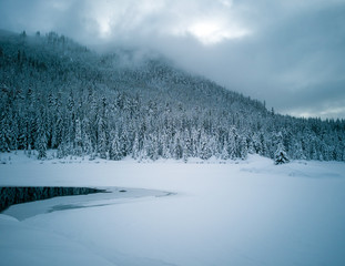 Snow covered frozen beautiful Gold Creek Pond with snow covered trees and trail during the winter in the Alpine Lakes Wilderness in Kittitas county Washington State