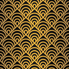 Art Deco Seamless Pattern. Golden luxury vintage background. Fan scales ornaments. Geometric decorative retro papers. Vector 1920s design. Vintage illustration.