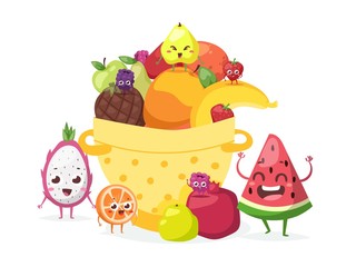 Summer fruits in basket, vector illustration. Funny cartoon characters with smiling faces, friendly mascots. Slice of watermelon, pitaya, orange, pear and strawberry. Fresh juicy fruits food market