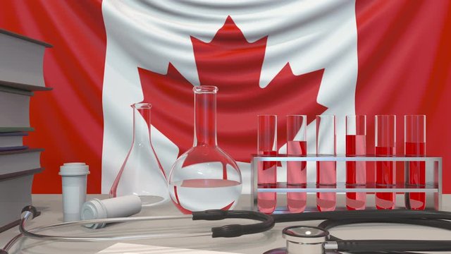 Clinic laboratory equipment on Canadian flag background. Healthcare and medical research in Canada related conceptual animation
