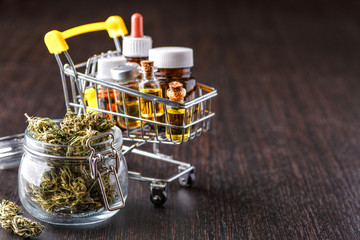 Medical Cannabis ( Marijuana ) oil ready for consumption,cannabis,Essential oil made from medicinal cannabis.Cannabis herb and leaves for treatment.Buds. Skunk. cbd