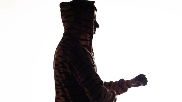 silhouette of a funny man in kigurumi on a white isolated background, boy in a cartoon tiger costume have fun, pajama party