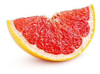 Slice of grapefruit citrus fruit isolated on white background. Grapefruit slice with clipping path. Full depth of field.