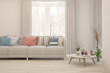 Stylish room in white color with sofa and winter landscape in window. Scandinavian interior design. 3D illustration