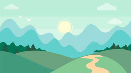 Cute cartoon horizontal mountain landscape. Beatiful nature concept. Flat Style. Vector Illustration