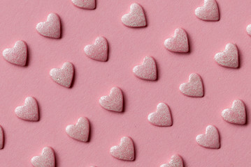 Valentine day background: pink hearts pattern. Top view