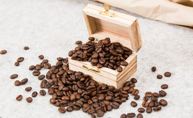 Good coffe beans in a treasure chest