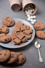 Chocolate chip cookies laid out on a table next to a plate with chocolate and marshmallows