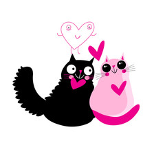 Pink cats in love on a white background