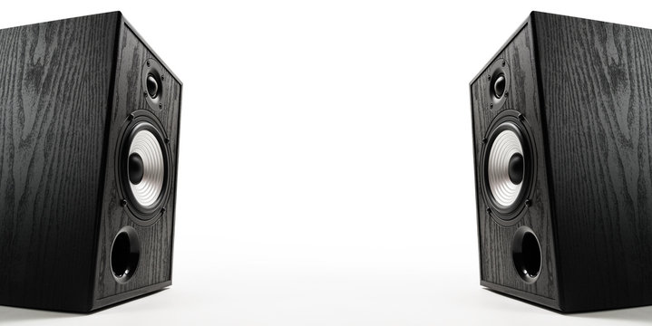 Two sound speakers with free space between them on white  background.