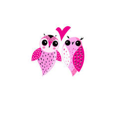 Pink owls in love on a white background