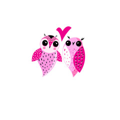 Pink owls in love on a white background