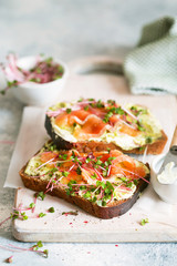 Toast with avocado cream and smoked salmon on the white wooden board. Smoked salmon, cream cheese and pesto toast sandwiches with radish sprouts