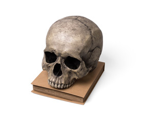 Human skull on old book isolated on white background