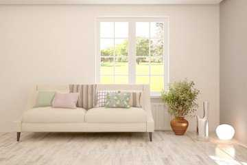 Stylish room in white color with sofa and summer landscape in window. Scandinavian interior design. 3D illustration