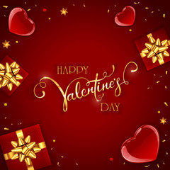 Gifts and Valentines Hearts on Red Background