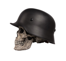 Human skull in military helmet isolated on white background