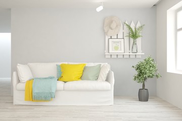 Stylish room in white color with sofa. Scandinavian interior design. 3D illustration