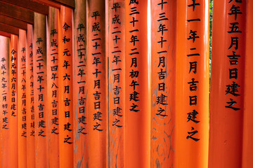 Inscribed torii gates at the Fushimi Inari Shrine in Kyoto