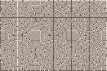 3D seamless texture of circle squared floor tiles. Repeating beige pattern of radial stone pavement