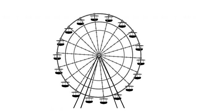 Animated Black and White Spinning Ferris Wheel. Round Silhouette of Carousel Isolated on White Black Background. Loop Seamless Stock Footage.