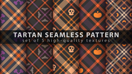 Set halloween tartan seamless pattern