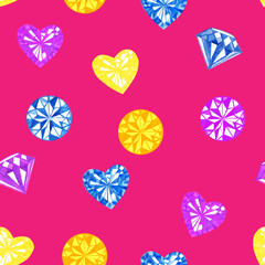 Color crystals with heart on a pinkbackground. Watercolor seamless pattern.